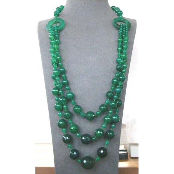 Green 3-Strand Glass Necklace/ Faceted Large Round Beads 28" - Picture 1 of 5